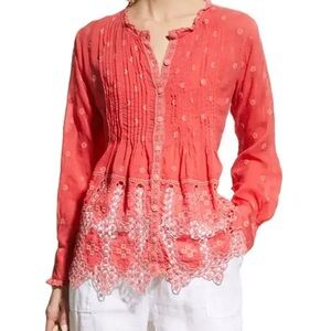 Johnny Was Baez Phaedra Coral Lace Embroidered Blouse